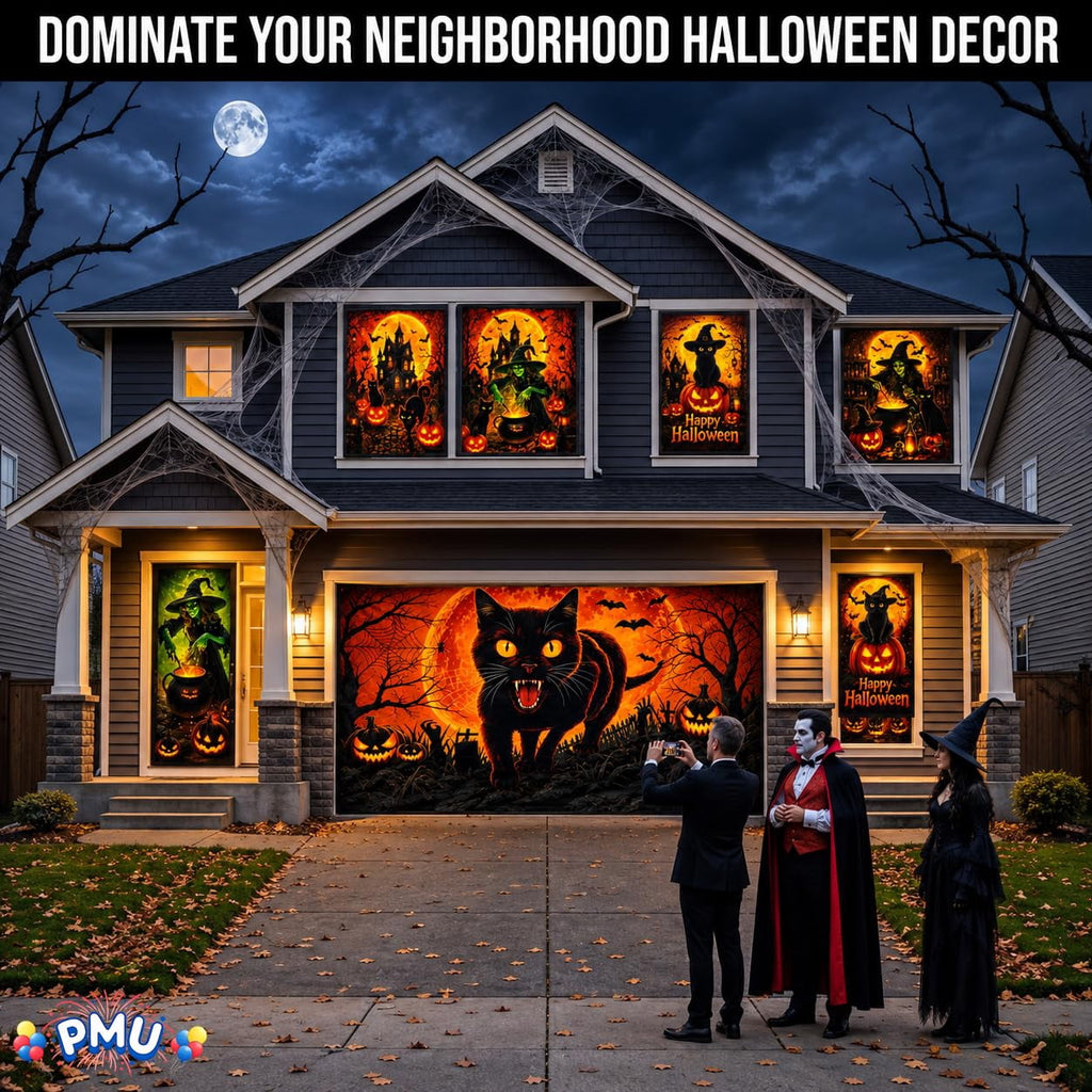 PMU 7-Piece Halloween Garage Door Cover Set, 16 x 7 ft, Skeleton Window & Door Decorations