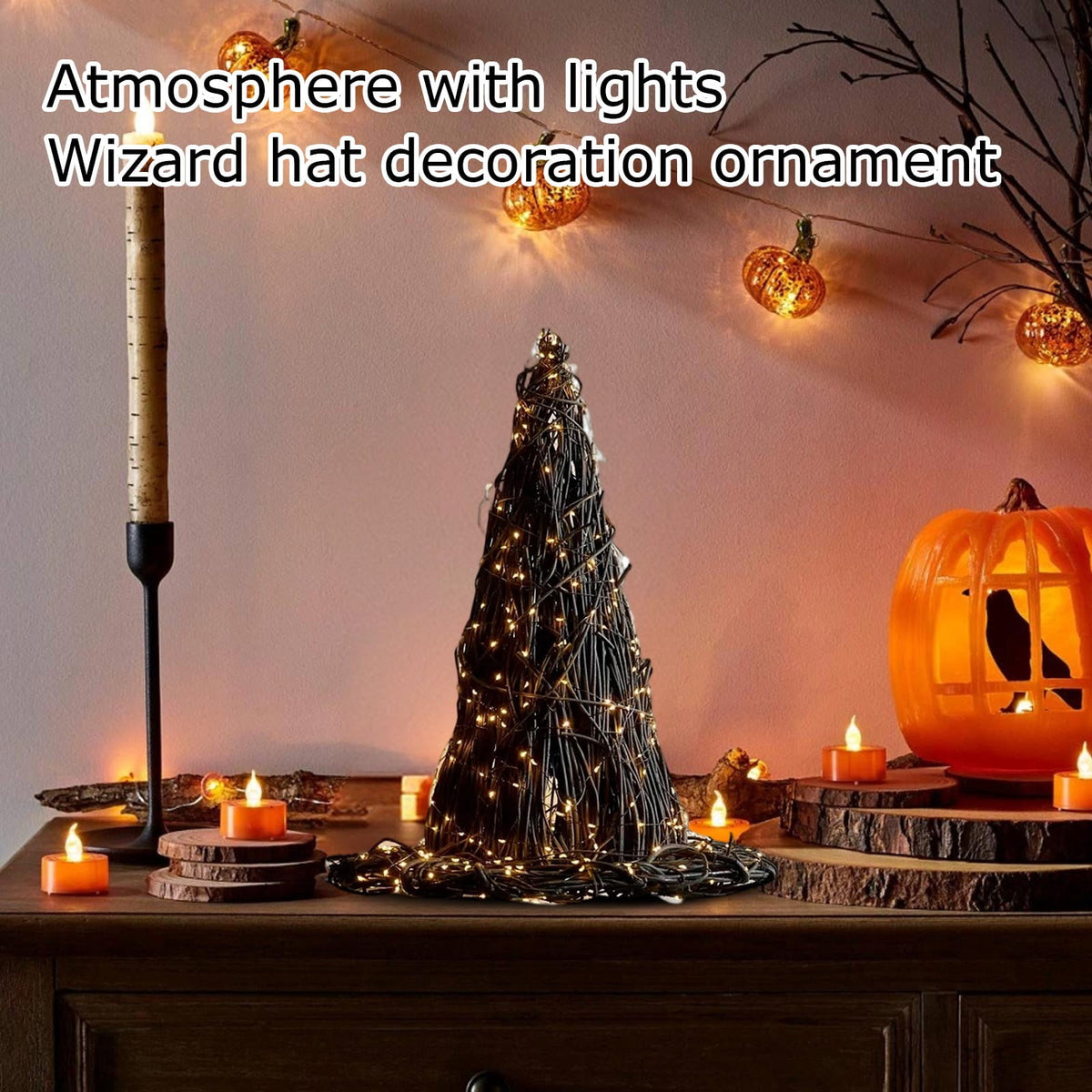 1PC Halloween Rattan Witch Hat Decor with String Lights, Cottagecore Halloween Wicker Wizard Hats Woven Witch Hat, Chic Halloween Party Supplies Home Bedroom Garden Patio Backyard Decoration