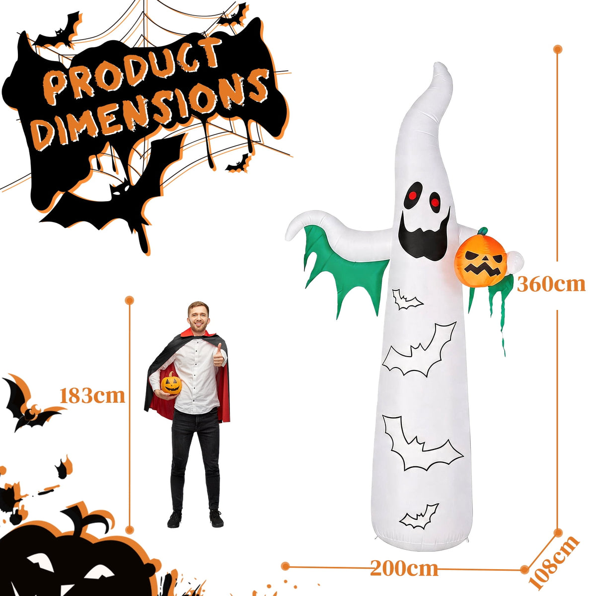 12ft Halloween Inflatable Ghost Bat Ornament with 4 LED Lights 82 String Lights