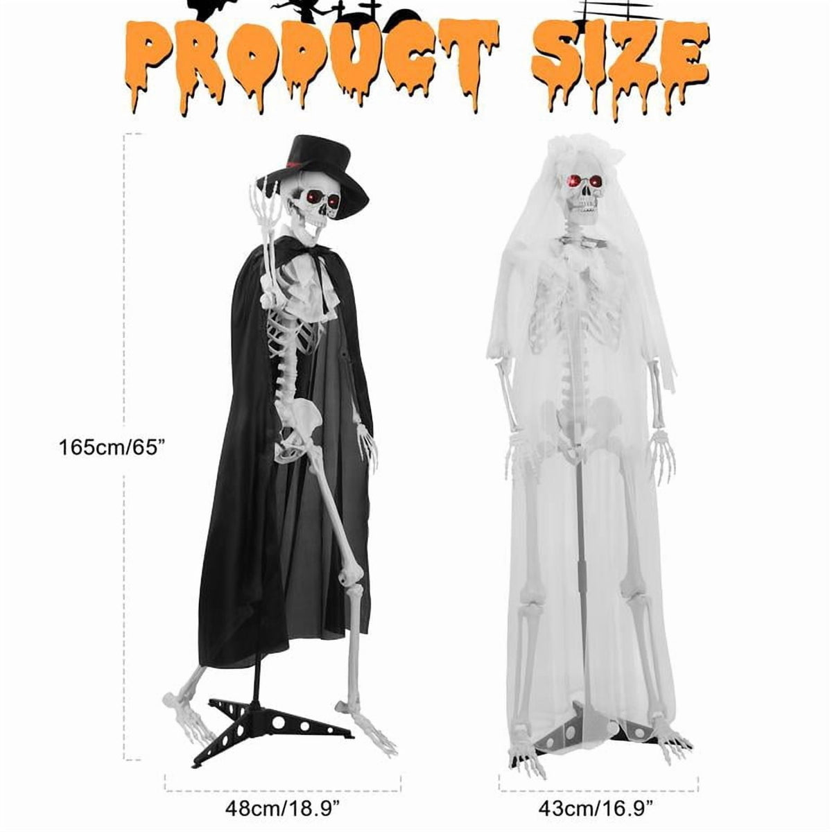 Floseru Halloween Skeleton Couple Life Size, Bride & Groom with Sound and Glowing Eyes, Poseable Joints, for Graveyard Scene Decoration