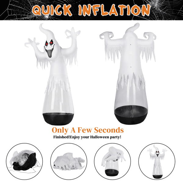 Alvantor 12 ft Clear PVC Ghost Halloween Inflatable with 2 LED Lights and Stage Light, Black and White