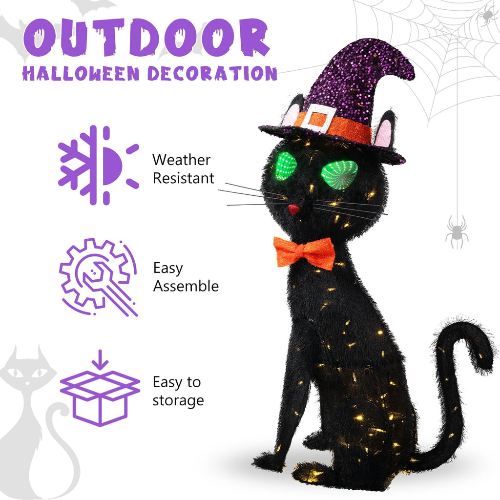 MARACOL 3.5FT Black Cat Halloween Decor, Animated Eyes Scary Halloween Cat Decor with Witch Hat, Light-Up Black Cat with 125 LED for Outdoor Indoor Yard Porch Lawn Garden
