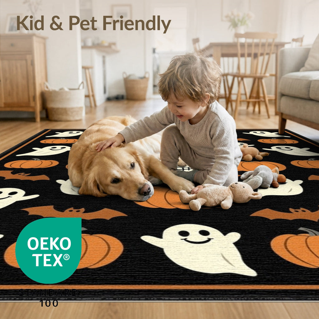 ODIKA Retro Halloween Welcome Featuring Ghosts Pumpkins Bats Skulls Non-Slip Flatwoven for Living Room, Under Sectional, Family