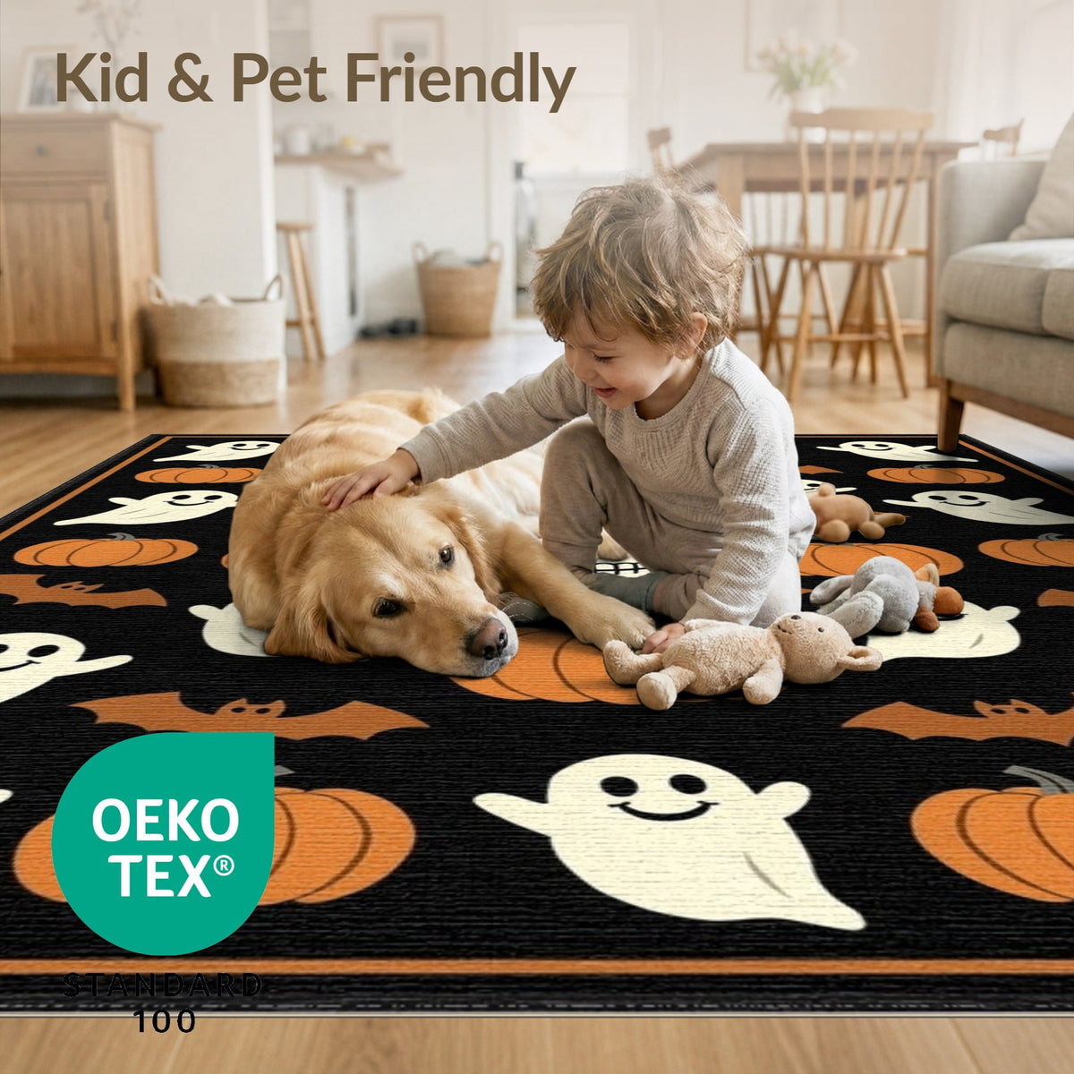 ODIKA Retro Halloween Welcome Featuring Ghosts Pumpkins Bats Skulls Non-Slip Flatwoven for Living Room, Under Sectional, Family