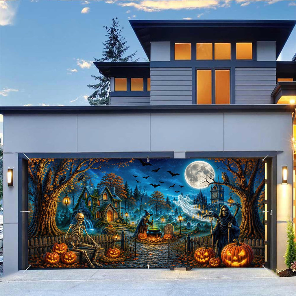16X7ft Halloween Garage Door Cover Decorations, Spooky Skeletons Pumpkin Large Garage Wall Backdrop Hanging Banner for Halloween Yard Indoor Outdoor Party Decor