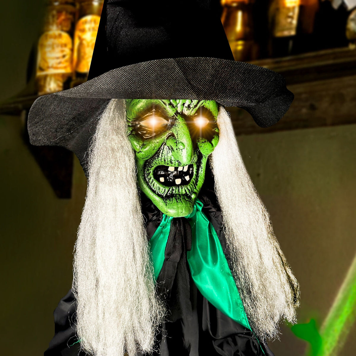 Haunted Hill Farm 6.0-Ft. Touch-Activated Mounted Flying Witch Halloween Animatronic
