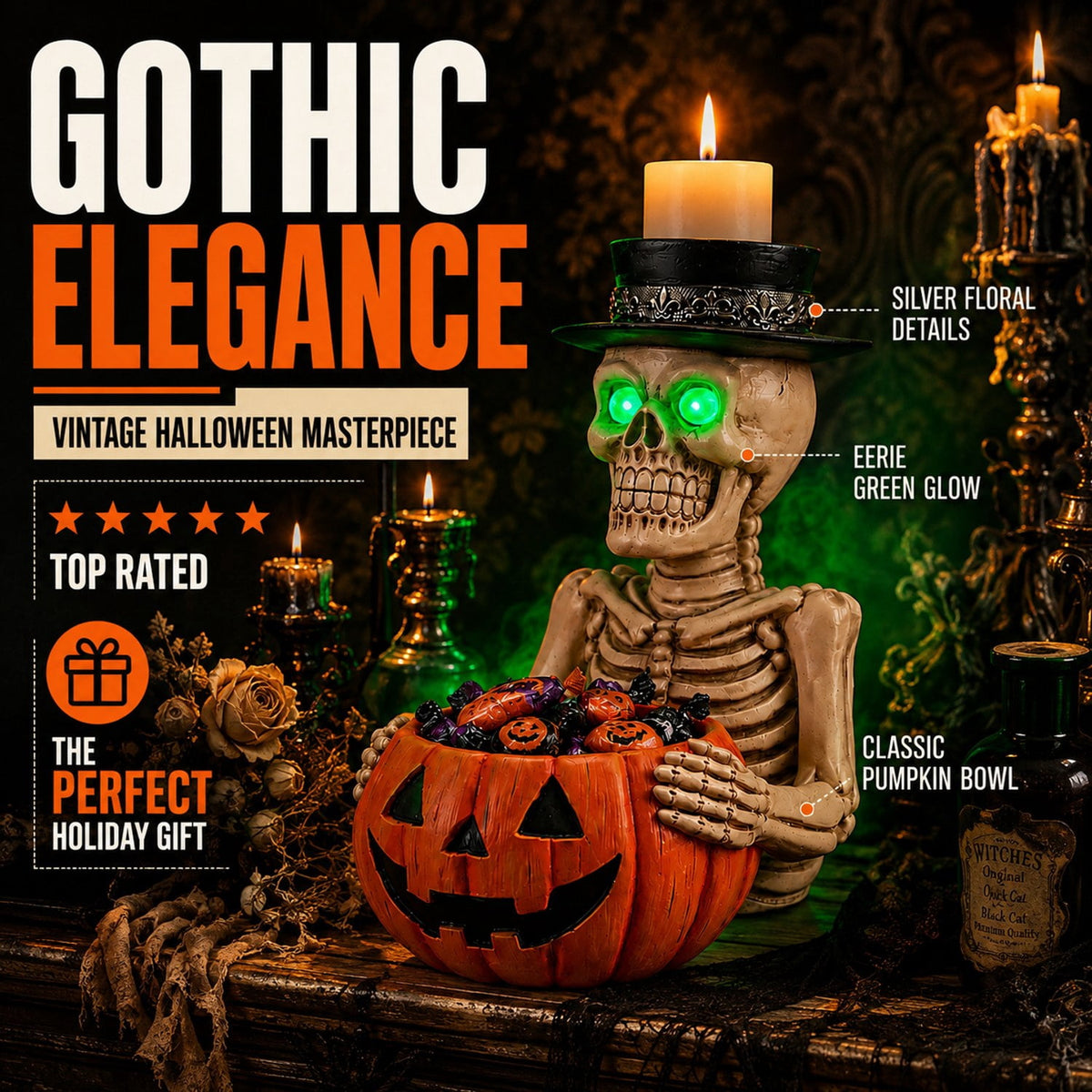 Skeleton Candy Bowl Light Up Green Eyes Top Hat Candle Holder