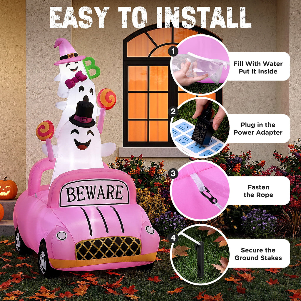 Ayieyill Halloween Inflatables, 8FT Ghost Driving Pink Car Halloween Decor Outdoor, Monster Truck Blow Up Yard Decorations