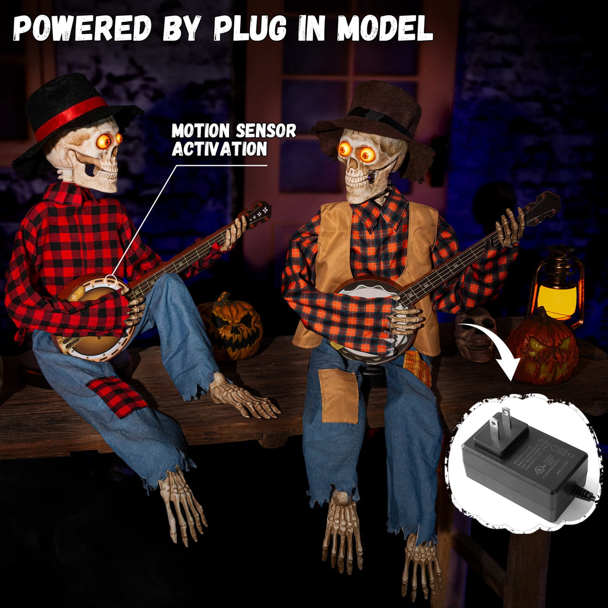 Halloween Animatronics Banjo Skeletons Duo Decorations, Animated Skull with Sound Activated Funny Voice Light Up Eyes, Playing Musical Plug-in Powered Halloween Prop Decor for Indoor Outdoor Yard Law