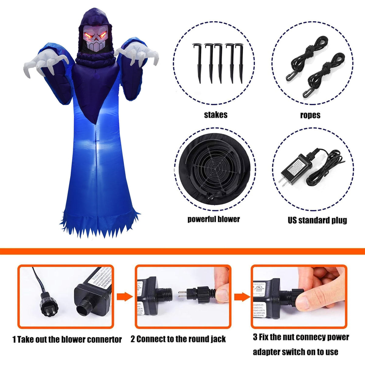 KINQUINN 7.55 Ft Giant Halloween Inflatable Decorations Outdoor Blow Up Grim Reaper Ghost LED Lights Stakes Tethers Yard Garden Lawn Home Party Holiday Outside Decor