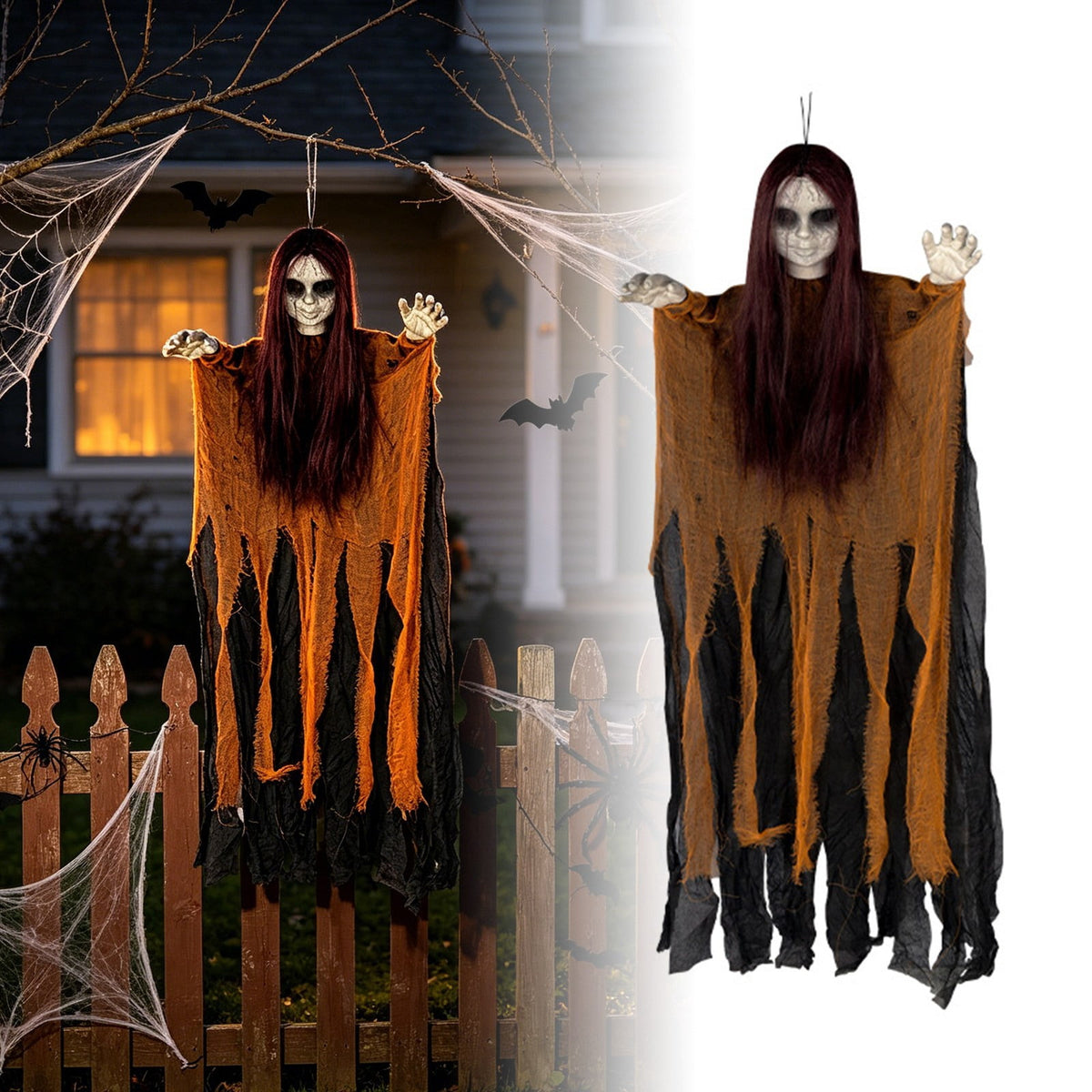 Halloween Witch Hanging Decoration, 45" Scary Witch Skeleton Hangings, Glowing Specters Pendant for Halloween Festival, Eerie Skull Ornament for Party Haunted House Outdoor Props, A