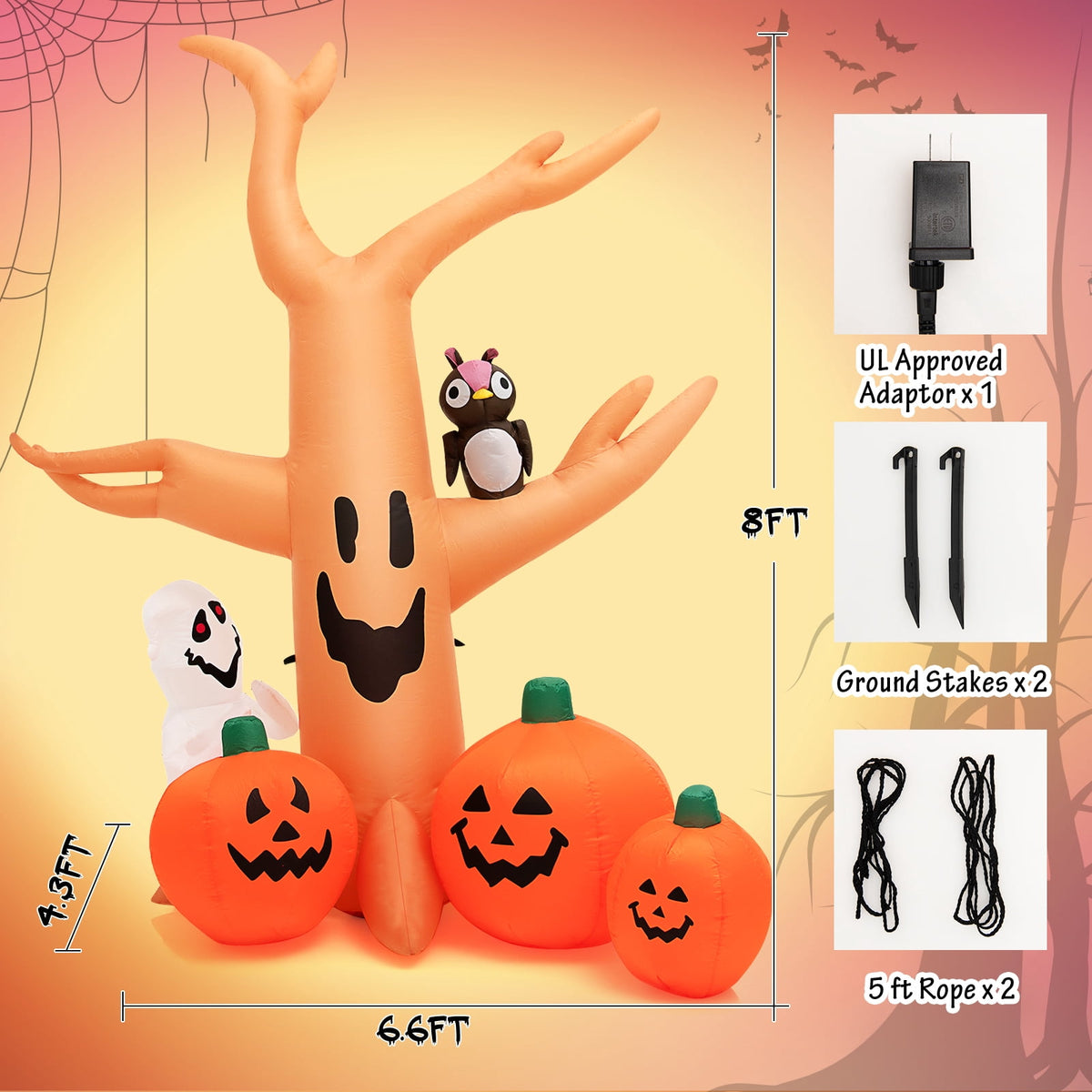 Topbuy 8FT Halloween Inflatable Decoration, Blow Up Dead Tree w/ Waterproof Air Blower Built-in LED Lights 2 Ropes & Stakes Holiday Decor w/ Ghost Owl Pumpkin for Yard Garden Lawn