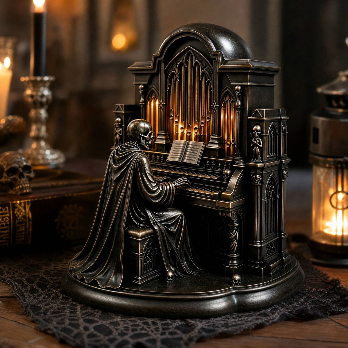 Halloween Gothic Skeleton Pipe Organ Statue with LED Light, Spooky Cathedral Figurine for Home Decor