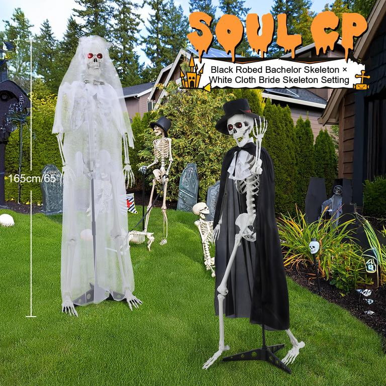 Floseru 65 Inch Halloween Skeleton Couple Set, Bride in Veil and Groom in Robe, Glowing Eyes, Poseable Joints, for Indoor Outdoor Decor