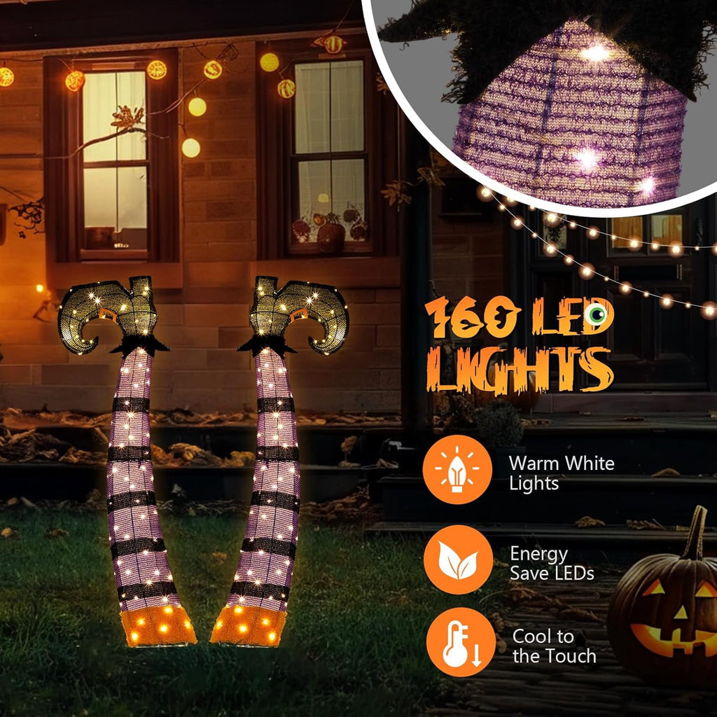VINGLI 4FT Scary Lighted Halloween Decorations Outdoor, Pop Up Halloween Ghost Decorations, Light Up Ghost Decor with Pre-lit 135 LEDs, Cute Broom, Black Hat for Porch Yard Lawn Patio