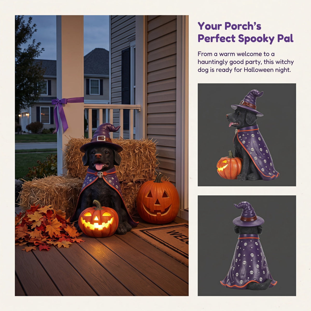 SpookHaven Halloween Jack‑O‑Lantern Pumpkin Mist Sprayer Figurine, LED Light‑Up Fogger with Witch Hat & Skull Decoration, Spooky Ornament for Tabletop Entryway Halloween Party Home Decor
