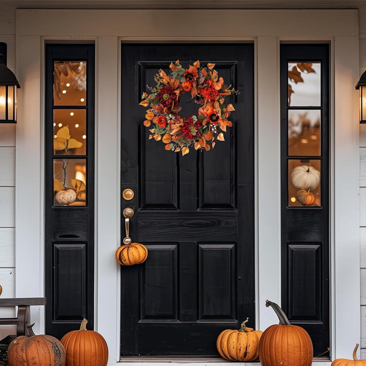 24 Inch Fall Wreaths for Front Door Outside, Fall Door Wreath with Pumpkins,Dahlia,Sunflowers, Maple Leaves,Autumn Wreaths Decorations for Harvest Thanksgiving Halloween Indoor Outdoor Home Decor