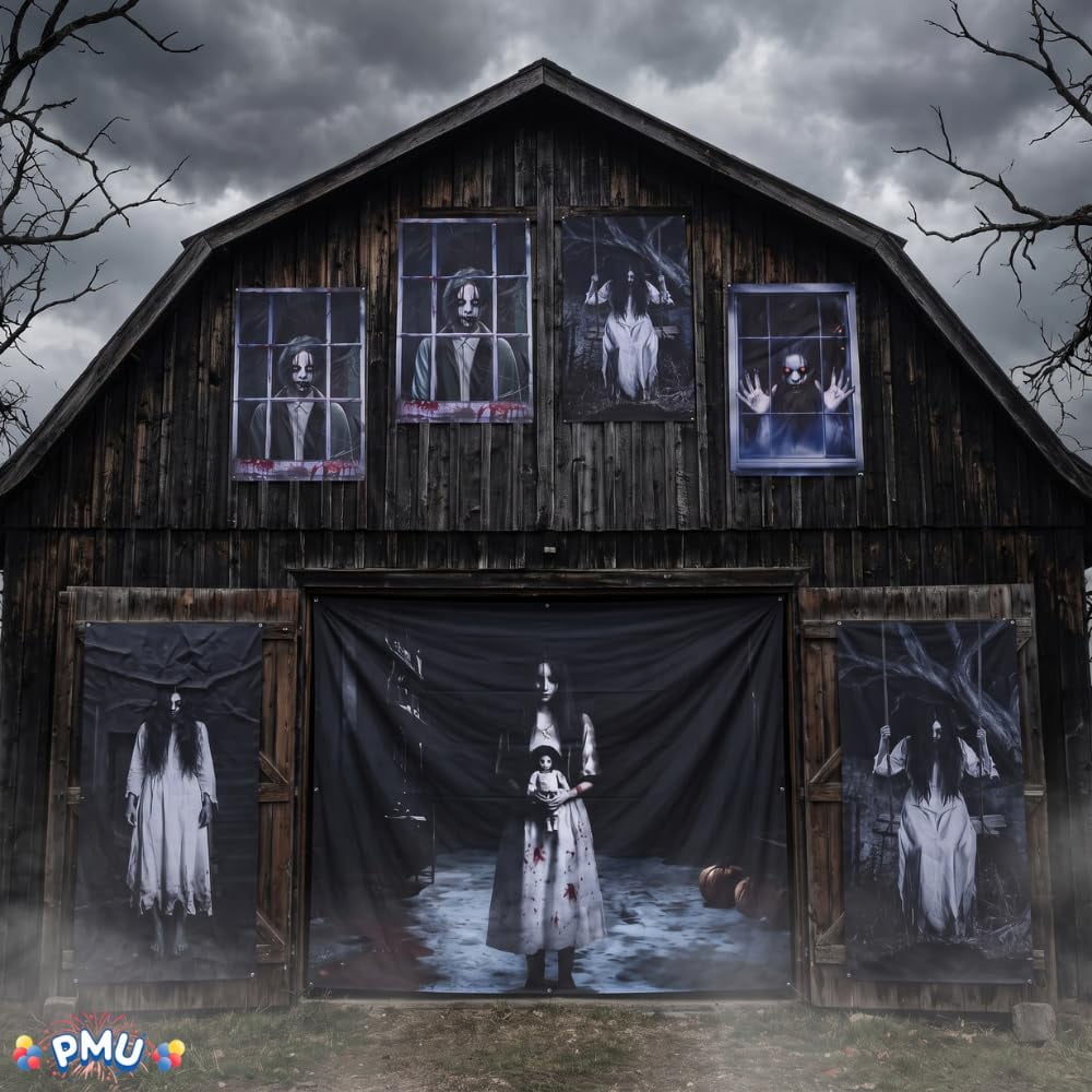 PMU 7-Piece Halloween Garage Door Cover Set, 16 x 7 ft, Skeleton Window & Door Decorations