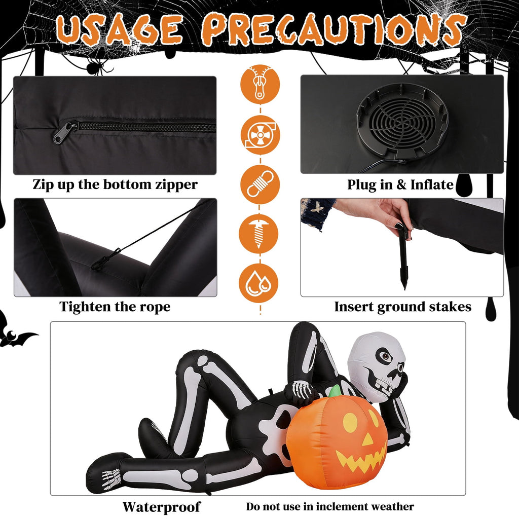 7ft Inflatable Halloween Lying Skeleton with 7 LED Lights Black and White Decor for Lawn