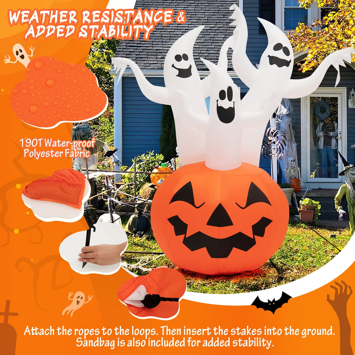 Patiojoy 6FT Halloween Inflatable Decorations 3 White Puppets on Pumpkin Halloween Pumpkin Dolls Decor w/ Build-in LED Lights