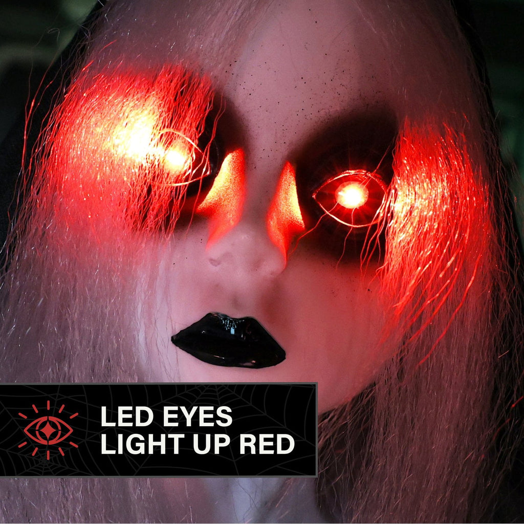 Haunted Hill Farm Red LED Battery Creepy Girl Tombstone with Wings Halloween Animatronic 3.1-Ft.