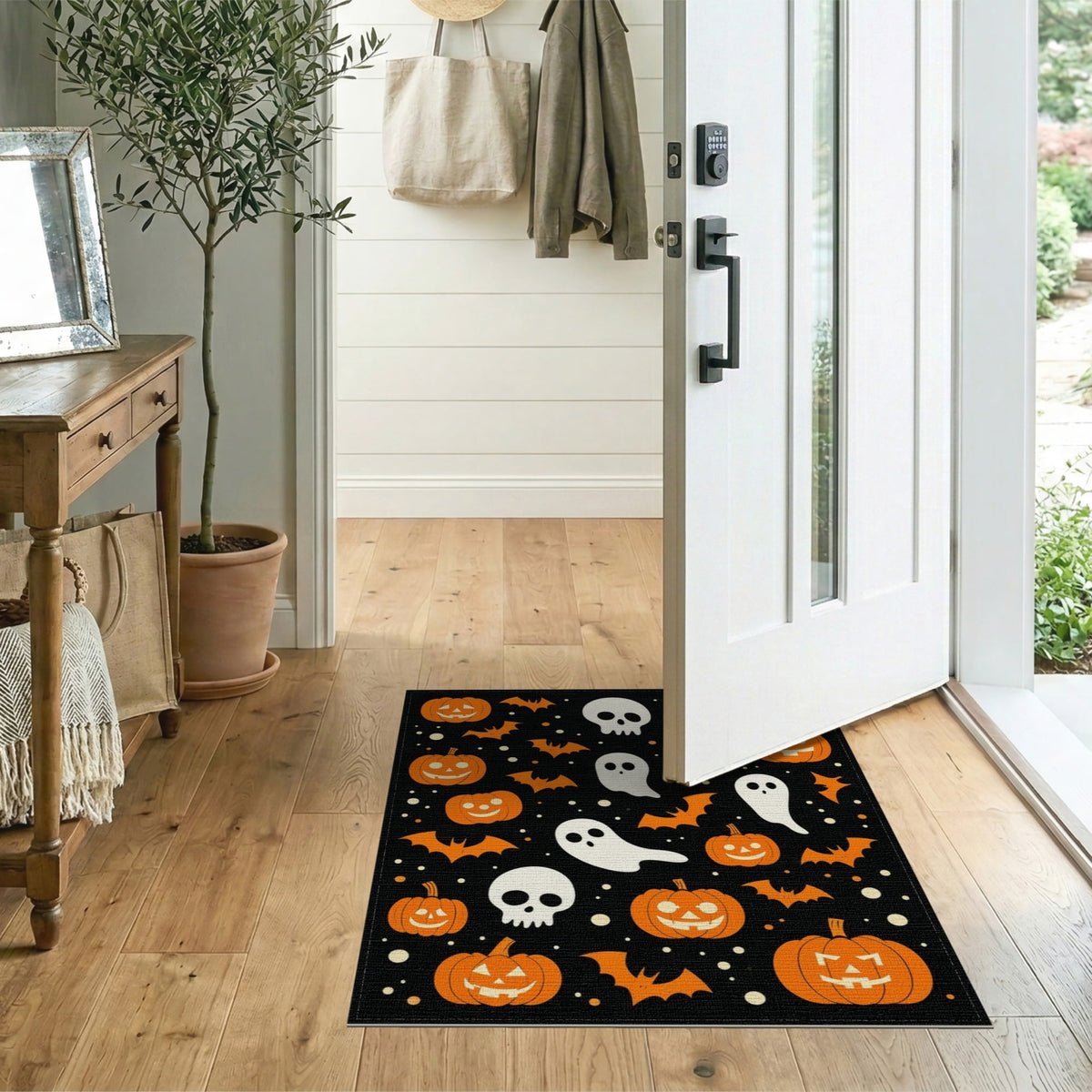 ODIKA Halloween Ghost Pumpkin Bat Skull Welcome Doormat Fiber Door for Dorm Room, Small Living Apartment, Stain Resistant Low Profile