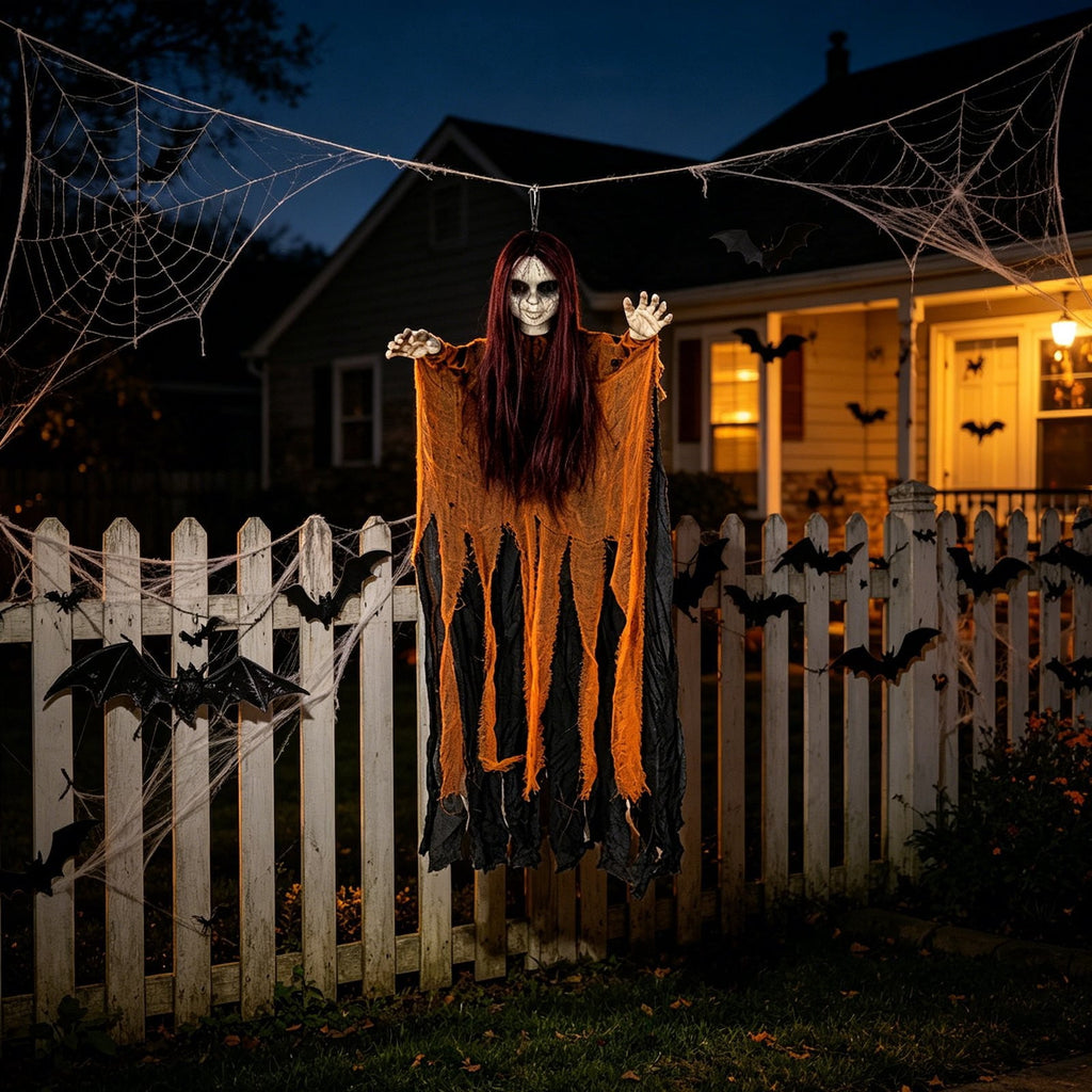 Halloween Witch Hanging Decoration, 45" Scary Witch Skeleton Hangings, Glowing Specters Pendant for Halloween Festival, Eerie Skull Ornament for Party Haunted House Outdoor Props, A