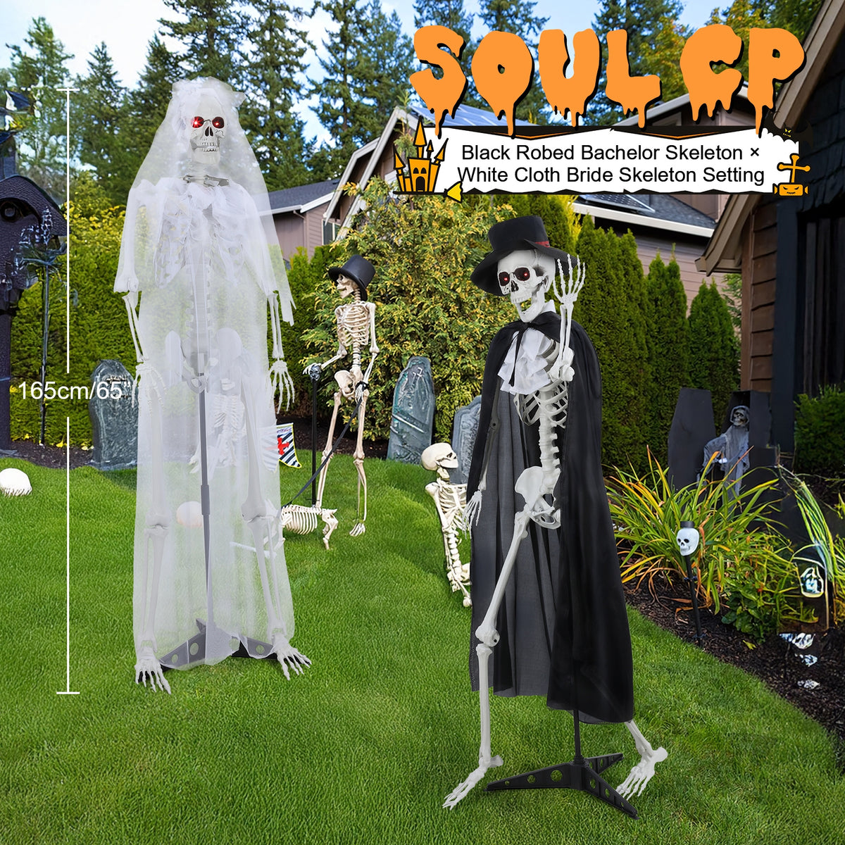 Thehsnt 65" Posable Skeleton Couple - Life Size Halloween Bride & Groom with Movable Joints
