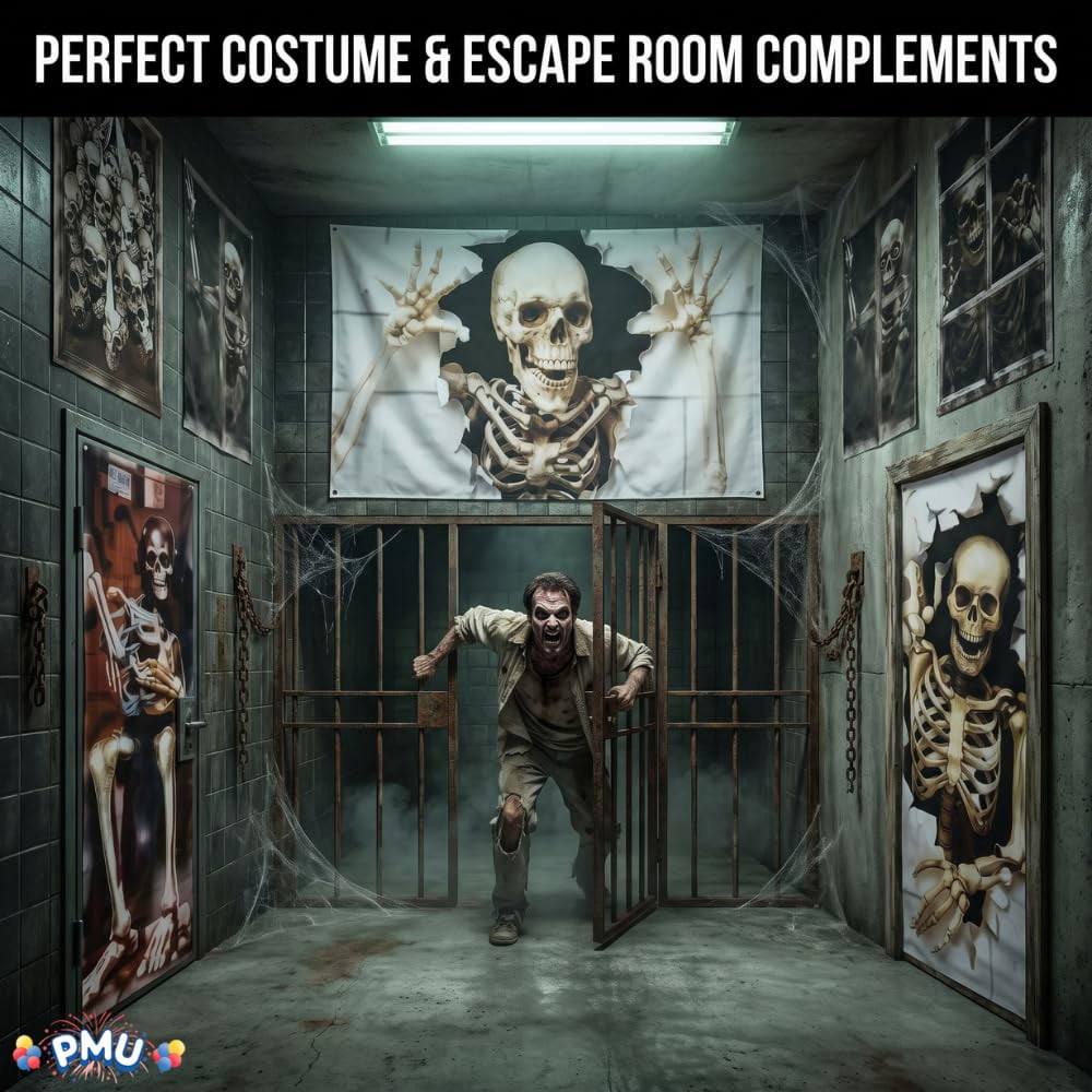 PMU 7-Piece Halloween Garage Door Cover Set, 16 x 7 ft, Skeleton Window & Door Decorations