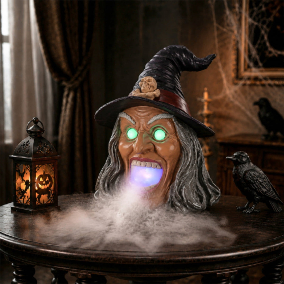 SpookHaven Halloween Jack‑O‑Lantern Pumpkin Mist Sprayer Figurine, LED Light‑Up Fogger with Witch Hat & Skull Decoration, Spooky Ornament for Tabletop Entryway Halloween Party Home Decor
