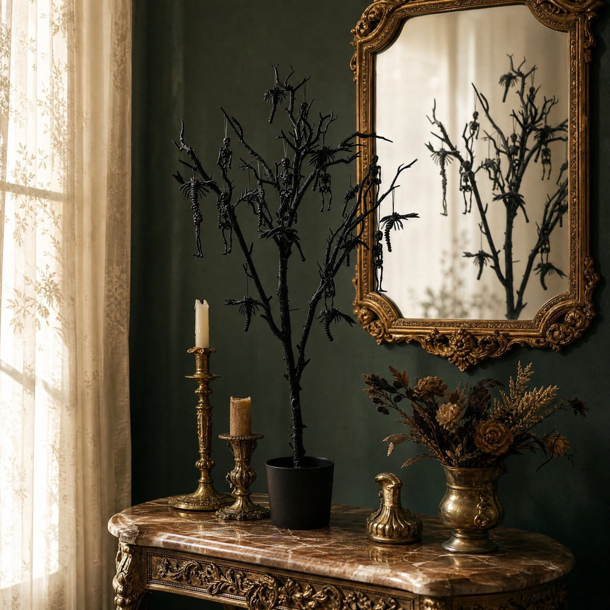 Halloween Potted Dead Tree with Hanging Skeletons, 39 Inch Spooky Tabletop Decor, Creepy Scorpion Skull Ornaments, Haunted House Party Centerpiece