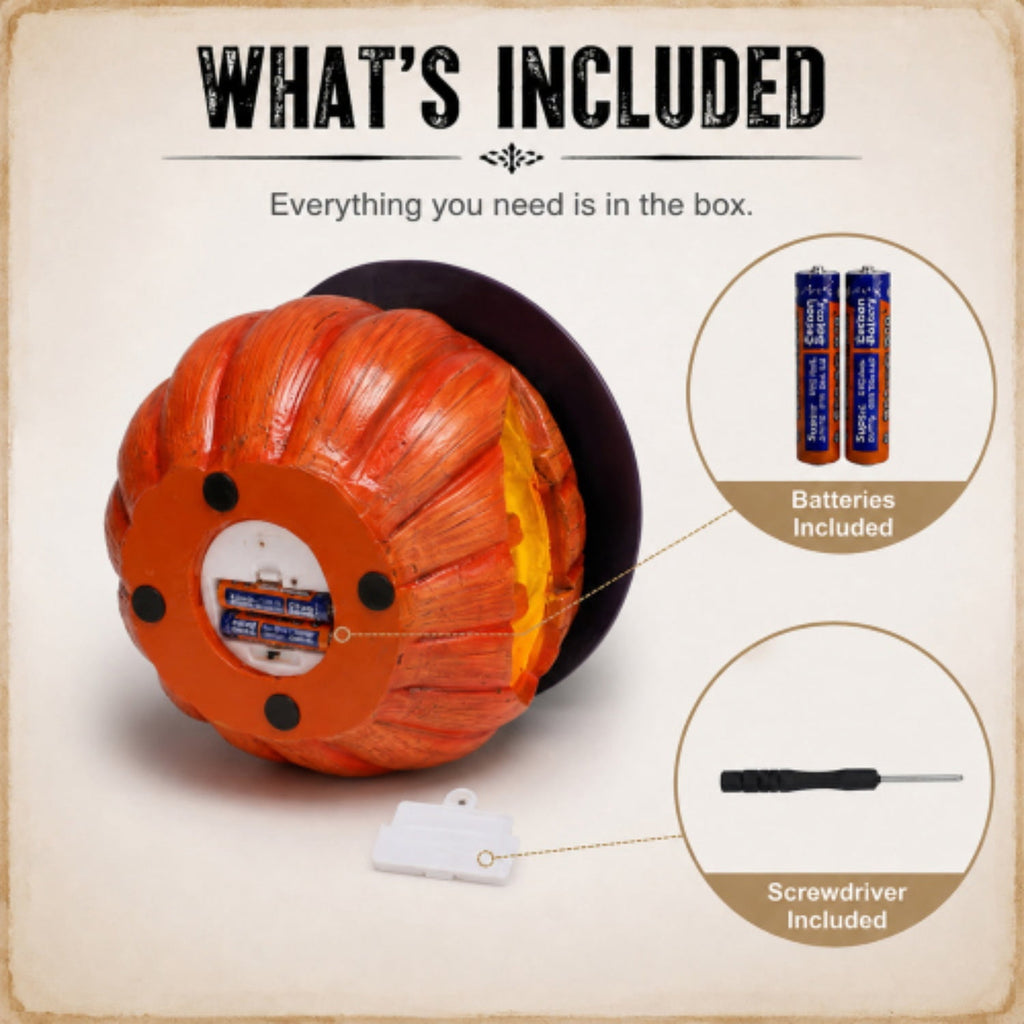 SpookHaven Halloween Jack‑O‑Lantern Pumpkin Mist Sprayer Figurine, LED Light‑Up Fogger with Witch Hat & Skull Decoration, Spooky Ornament for Tabletop Entryway Halloween Party Home Decor