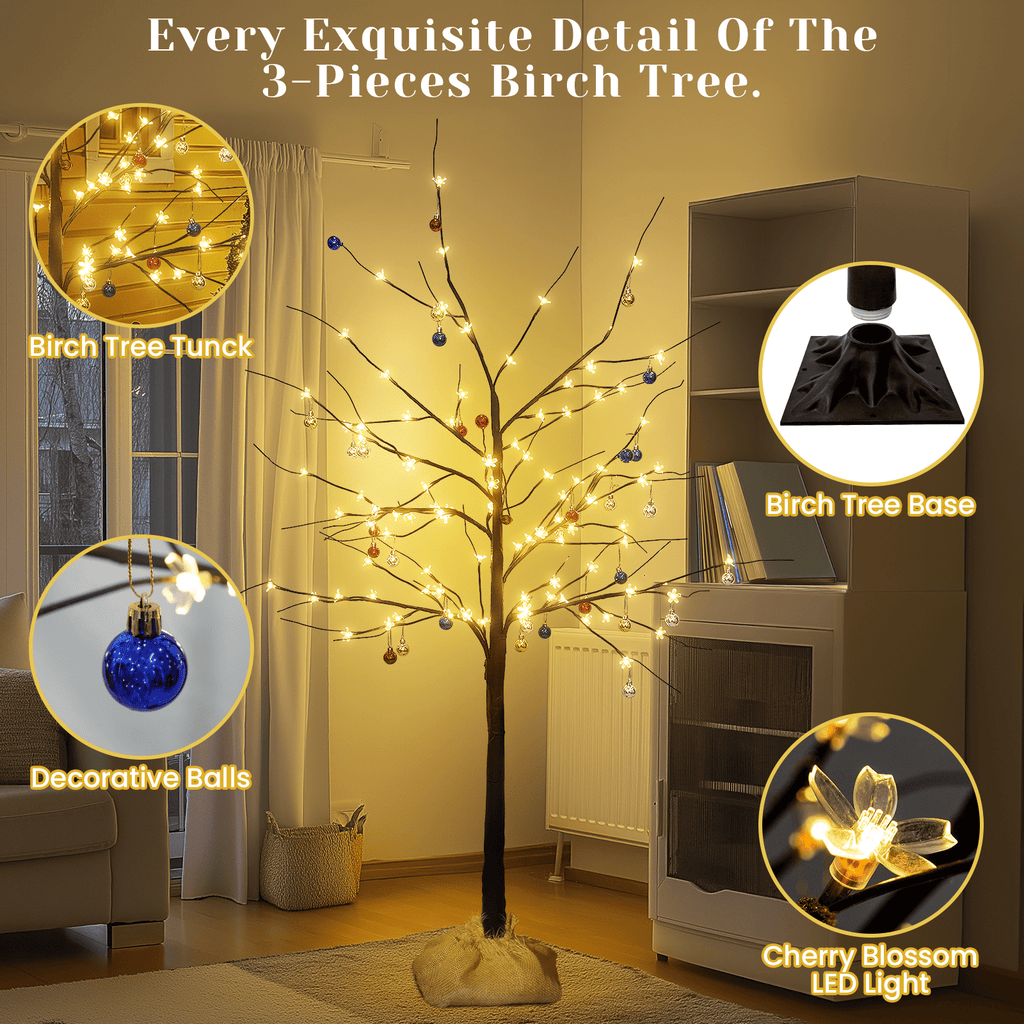 LinkRomat 3-Piece 4ft–6ft Pre-Lit Birch Christmas Tree Set with 200 LED Lights and 24 Ornaments, Christmas Decorations for Indoor Outdoor Home, Black
