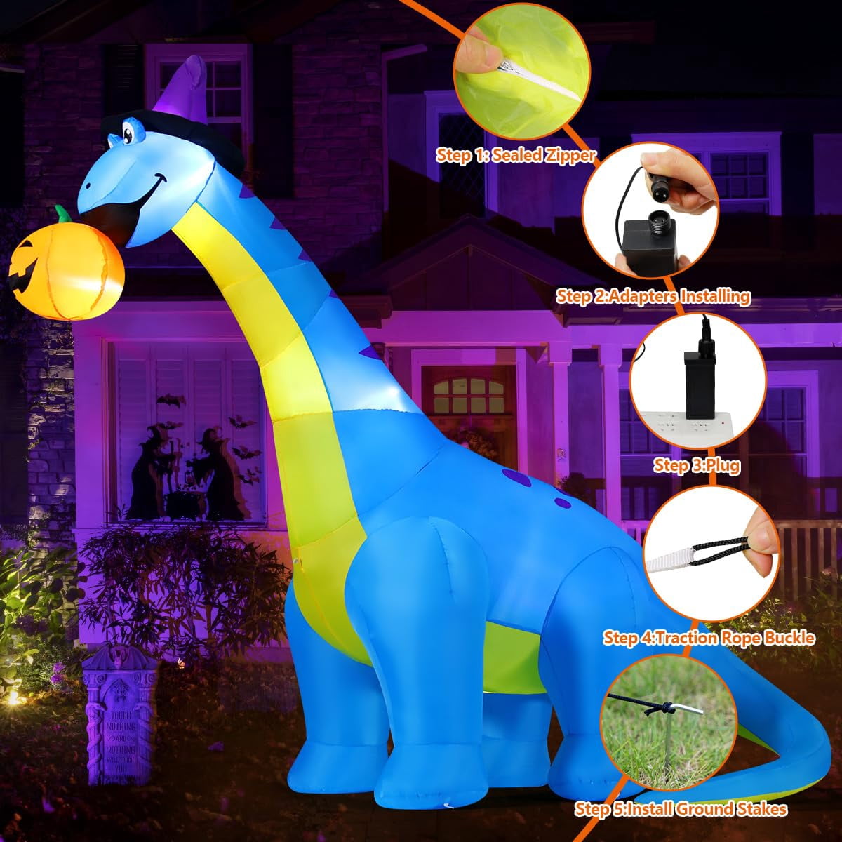 COMIN Halloween Inflatables 10 FT Tall Dinosaurs Eating Pumpkin with Shake Head Blow Up Yard Decoration with Built-in LED for Yard Garden Party Lawn