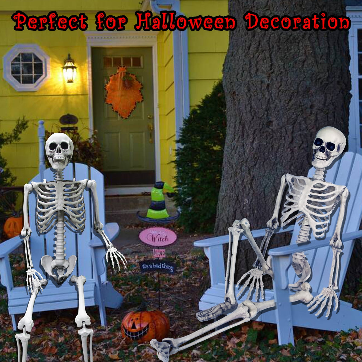 OZMI 5' 4" Tall Halloween Skeleton Decoration for Haunted House, 63 Inch Plastic Life Size Skull Skeleton for Halloween Party Haunted House Bar Yard Graveyard Decorations Party Supplies