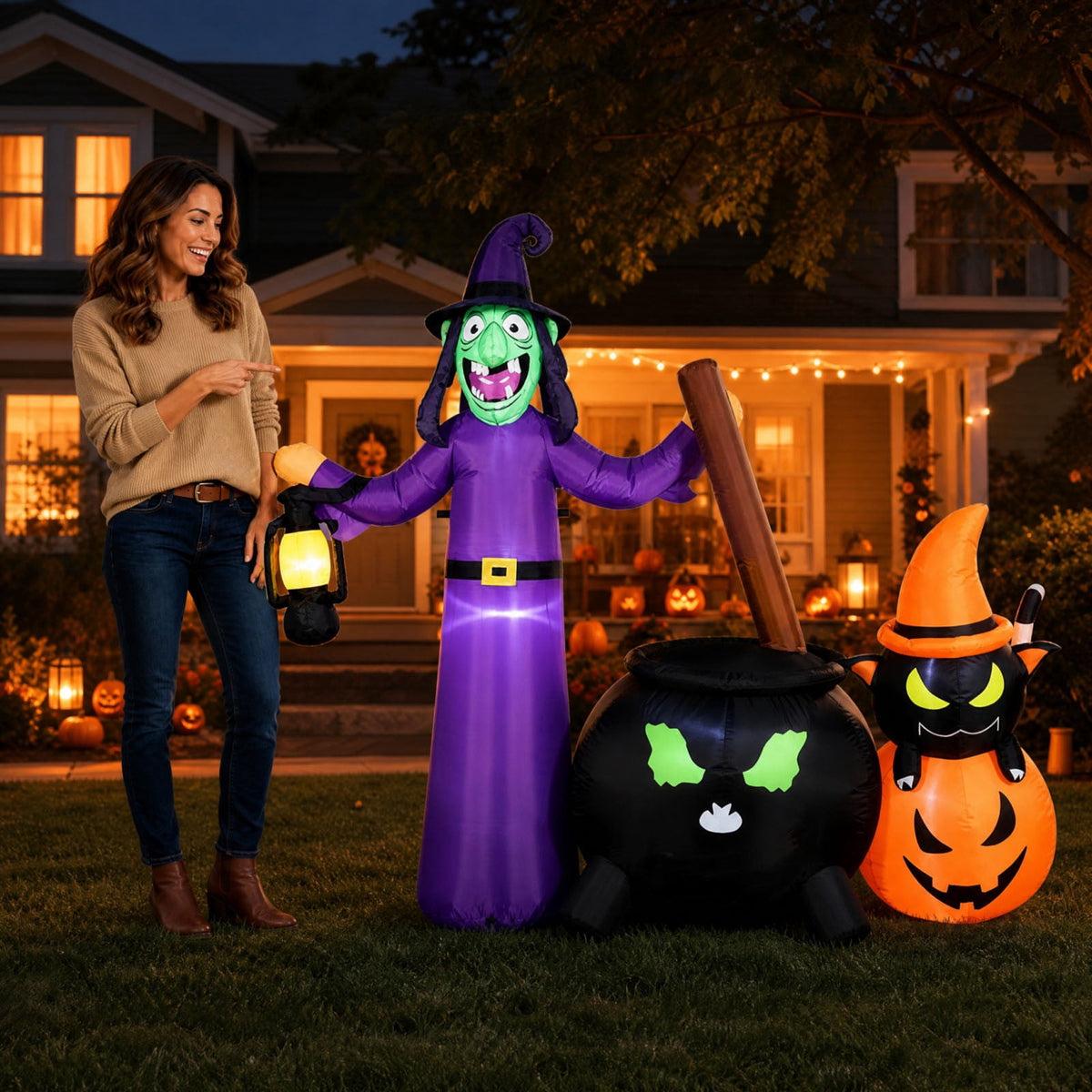 Kumdkdwn 71" Giant Halloween Inflatable Witch Cauldron with Pumpkin, Large Light-Up Witch Pot Decoration with Built-in LEDs, Blow Up Outdoor Yard Art for Garden, Lawn, Patio, Holiday Party Decor