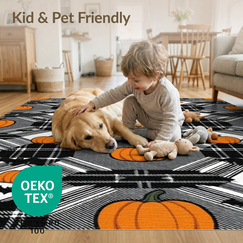 ODIKA Halloween Spooky Pumpkin Phantom Striped Entrance Door Doormat for Playroom, Bedroom, Reading Nook, Pet Friendly & Kids Safe Play