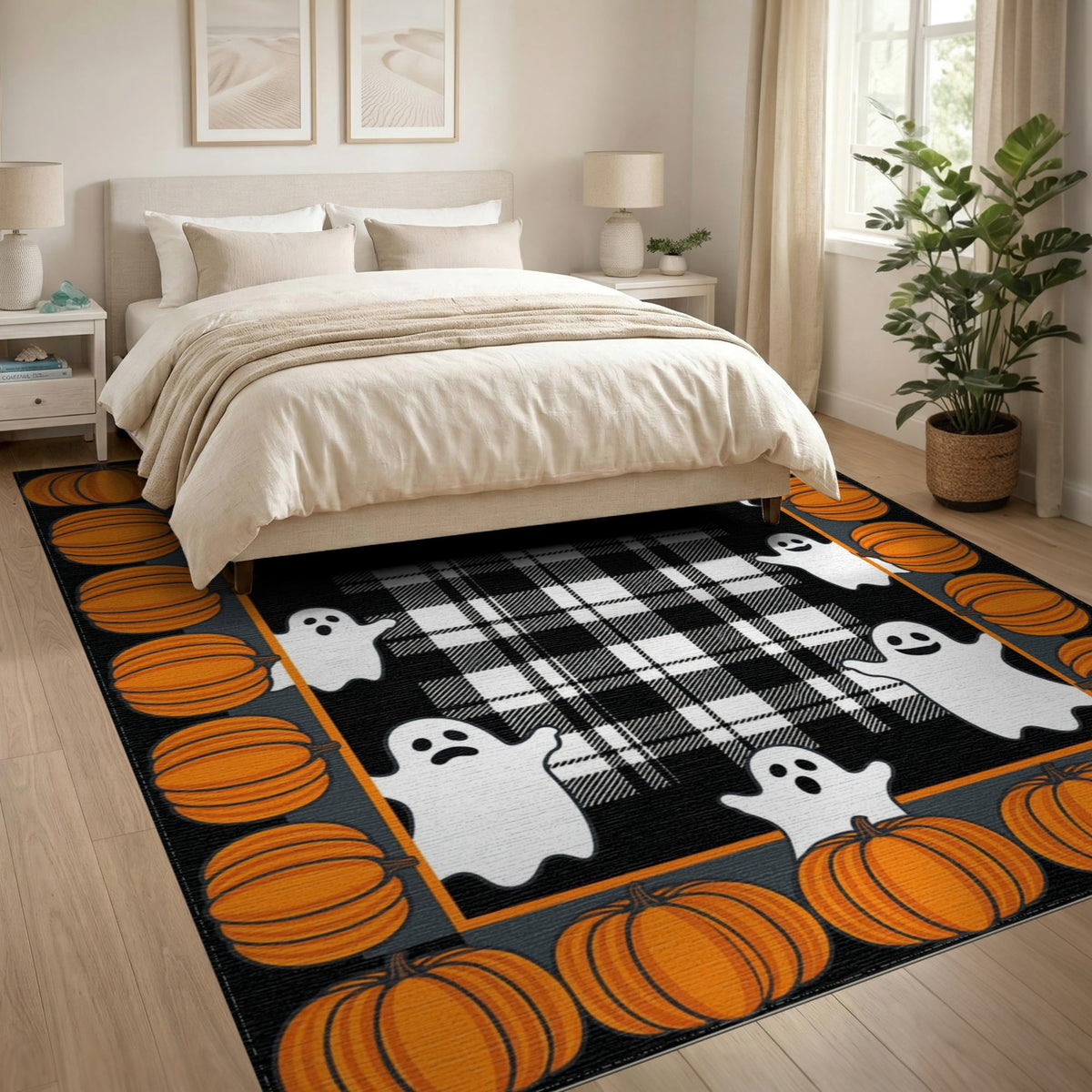 ODIKA Halloween Spooky Pumpkin Phantom Striped Entrance Door Doormat for Playroom, Bedroom, Reading Nook, Pet Friendly & Kids Safe Play