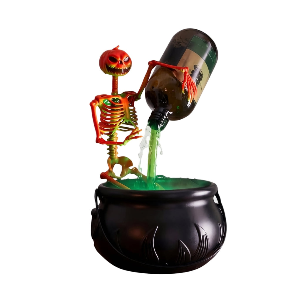Halloween Witch Cauldron Fogger with LED Light, Floating Potion Bottle and Skeleton Figurine, USB Mist Maker Tabletop Party Prop for Indoor Home Decor and Haunted House Display