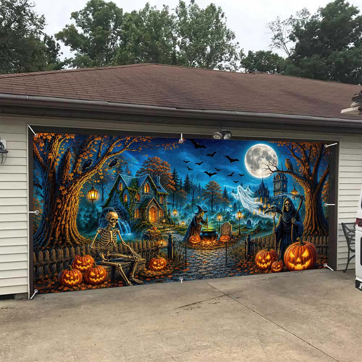16X7ft Halloween Garage Door Cover Decorations, Spooky Skeletons Pumpkin Large Garage Wall Backdrop Hanging Banner for Halloween Yard Indoor Outdoor Party Decor