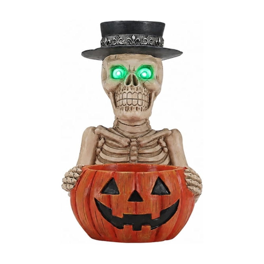Halloween Skeleton Butler Floor Statue with Serving Tray & Black Cat, Resin Gothic Home Decor for Entryway Porch Living Room