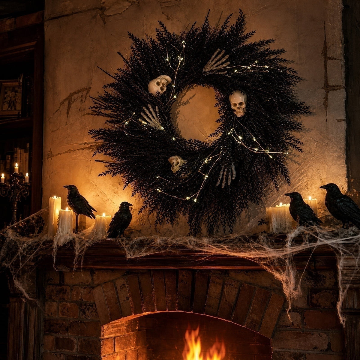 Halloween Wreath Skull Skeleton Hands Black Gothic Front Door Decor 18 Inch