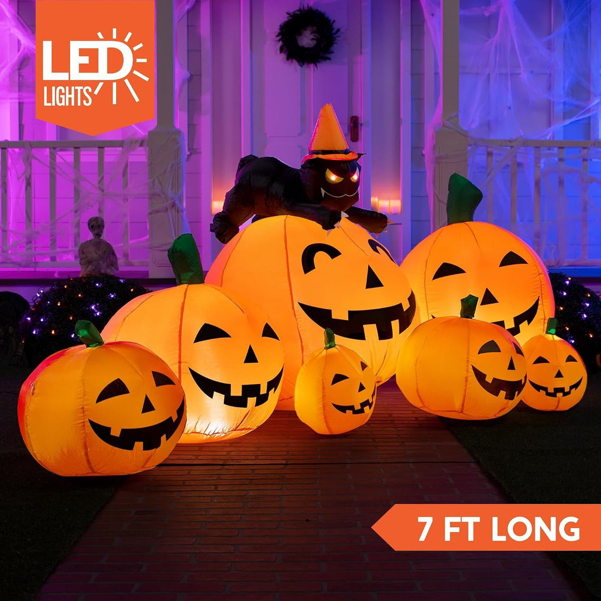Inflatable Pumpkin with Witch's Cat and LED Lights for Outdoor Halloween Yard Decor