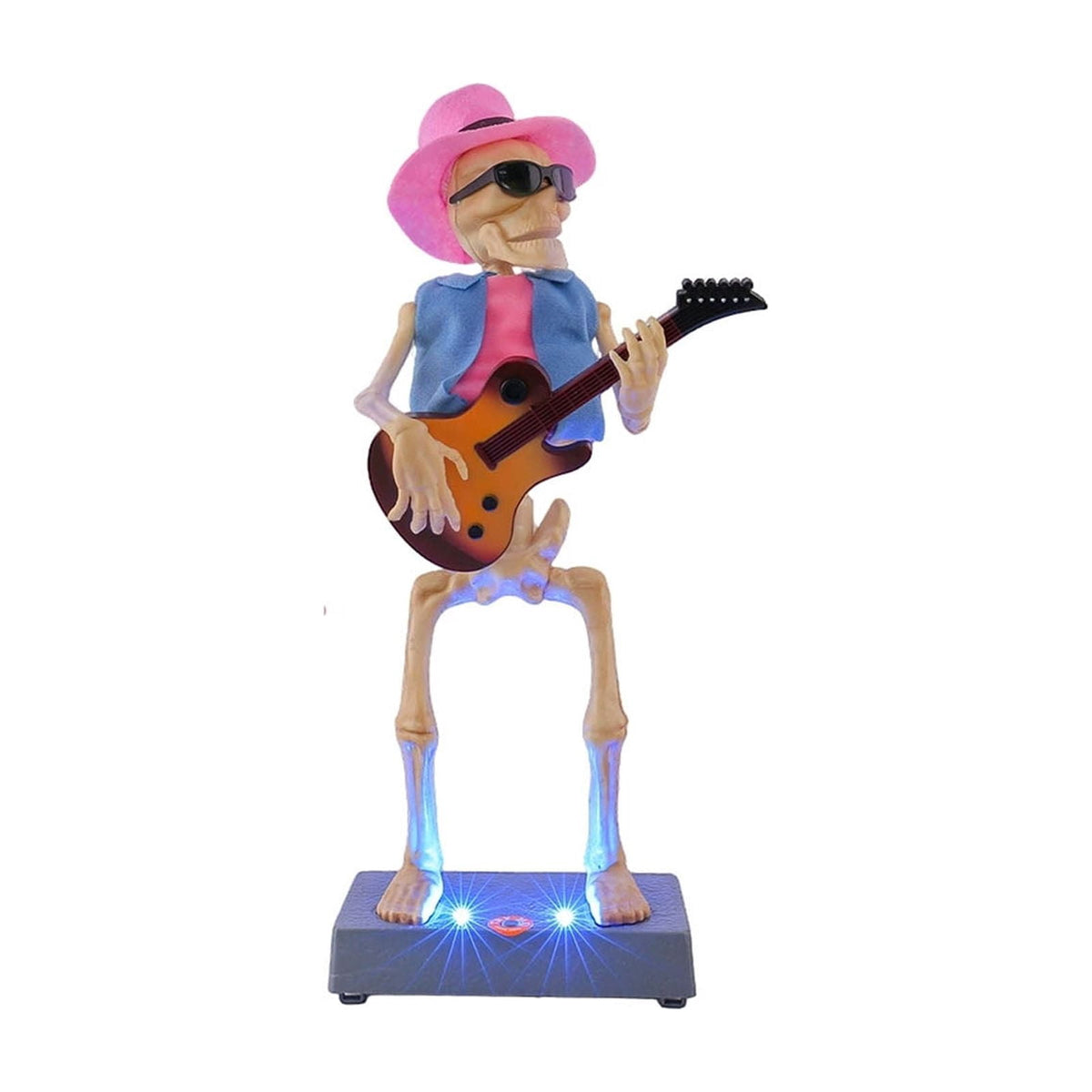 Halloween 3-Pack Rock Band Skeleton Figurine Set with LED Lit Base, 14.6" Pink Hawaiian Outfit Musician Skeleton Statues, Bar Counter Halloween Party Tabletop Decor