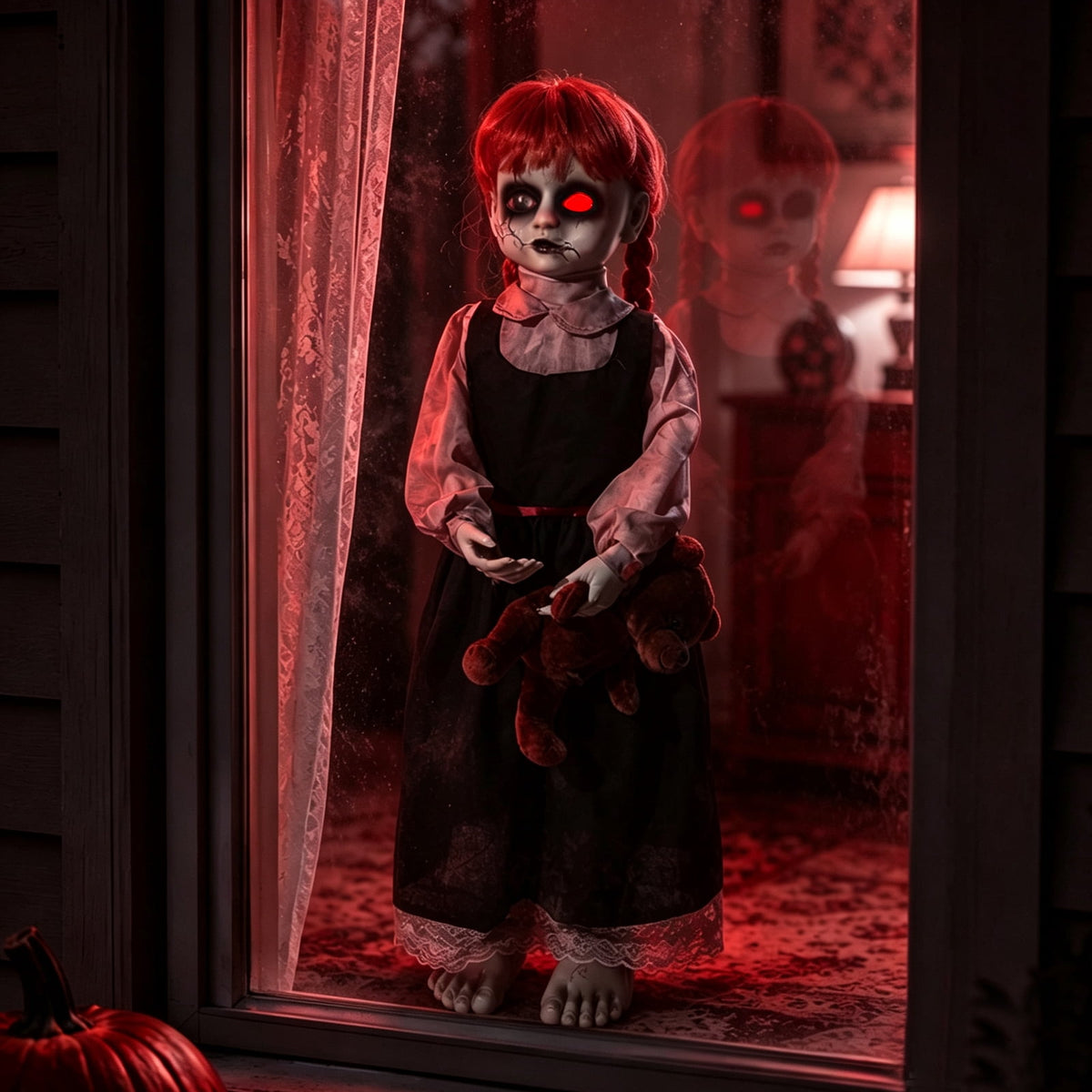 Halloween Decor Animatronic Prop Areker 35in Haunted Little Girl, Touch & Sound Activated Scary Ghost Doll with Red LED Glowing Eye, Outdoor Indoor Horror Decor with Stable Sand Weight Base