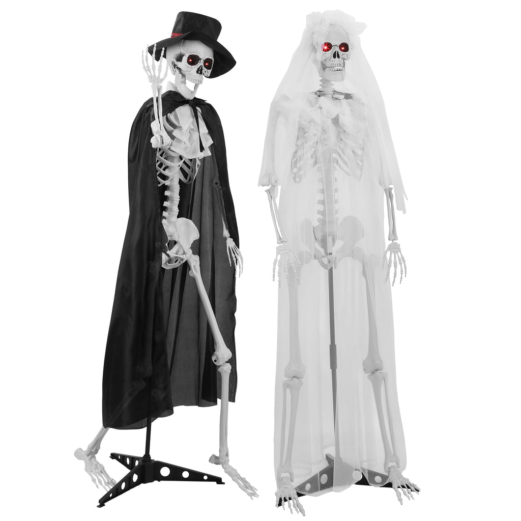 SUSUchens Life-Size 65" Halloween Skeleton Couple Full Body Bones Posable Skeleton with Movable Joints, Bride,Groom Skeleton Decor with Sound,Glowing Eyes,Haunted House Party Props