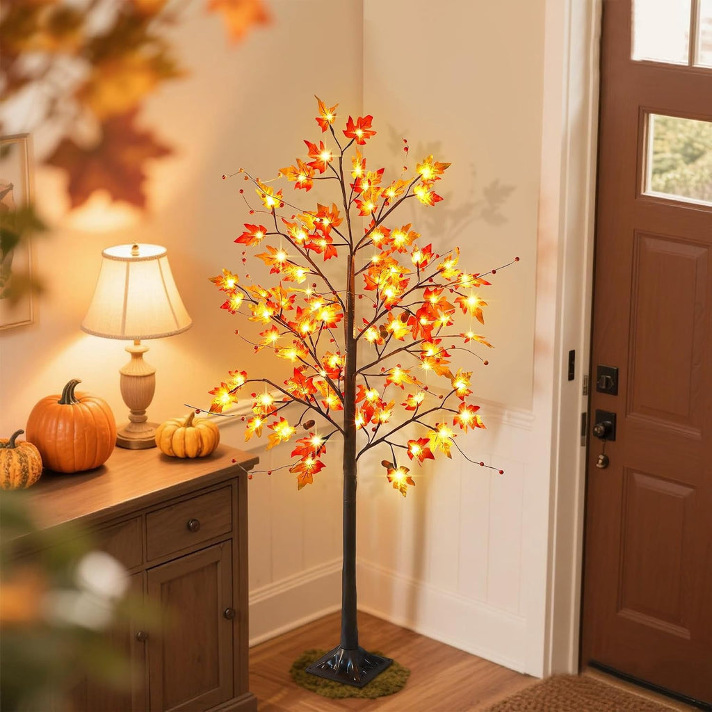 2 Pack LED Lighted Maple Tree, 5 FT Lighted Artificial Tree for Thanksgiving Harvest Fall Festival Halloween Home Party Decoration