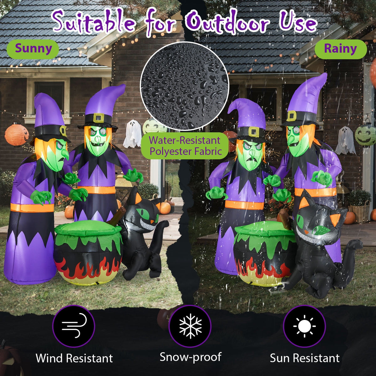 Gymax 6 Ft Inflatable Halloween Witches Blow up 2 Scary Witch w/Black Cat & Cauldron