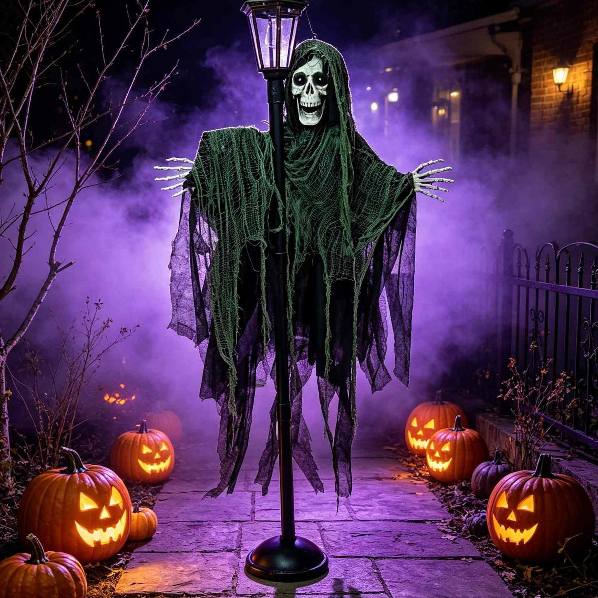 AMARHH Halloween Lighted Ghost Street Lamp Prop, 79 x 39 x 2 Inch, Glowing Skeleton Grim Reaper Yard Decor with Tattered Robes, Spooky Outdoor Party Haunted House Prop