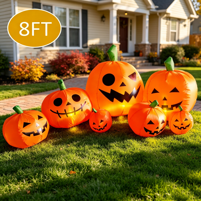 Gamexcel 8 ft Halloween Inflatable Pumpkin, Giant Lighted Jack-O'-Lantern Blow Up Yard Decoration Waterproof with LED, Blower, Stakes and Tethers